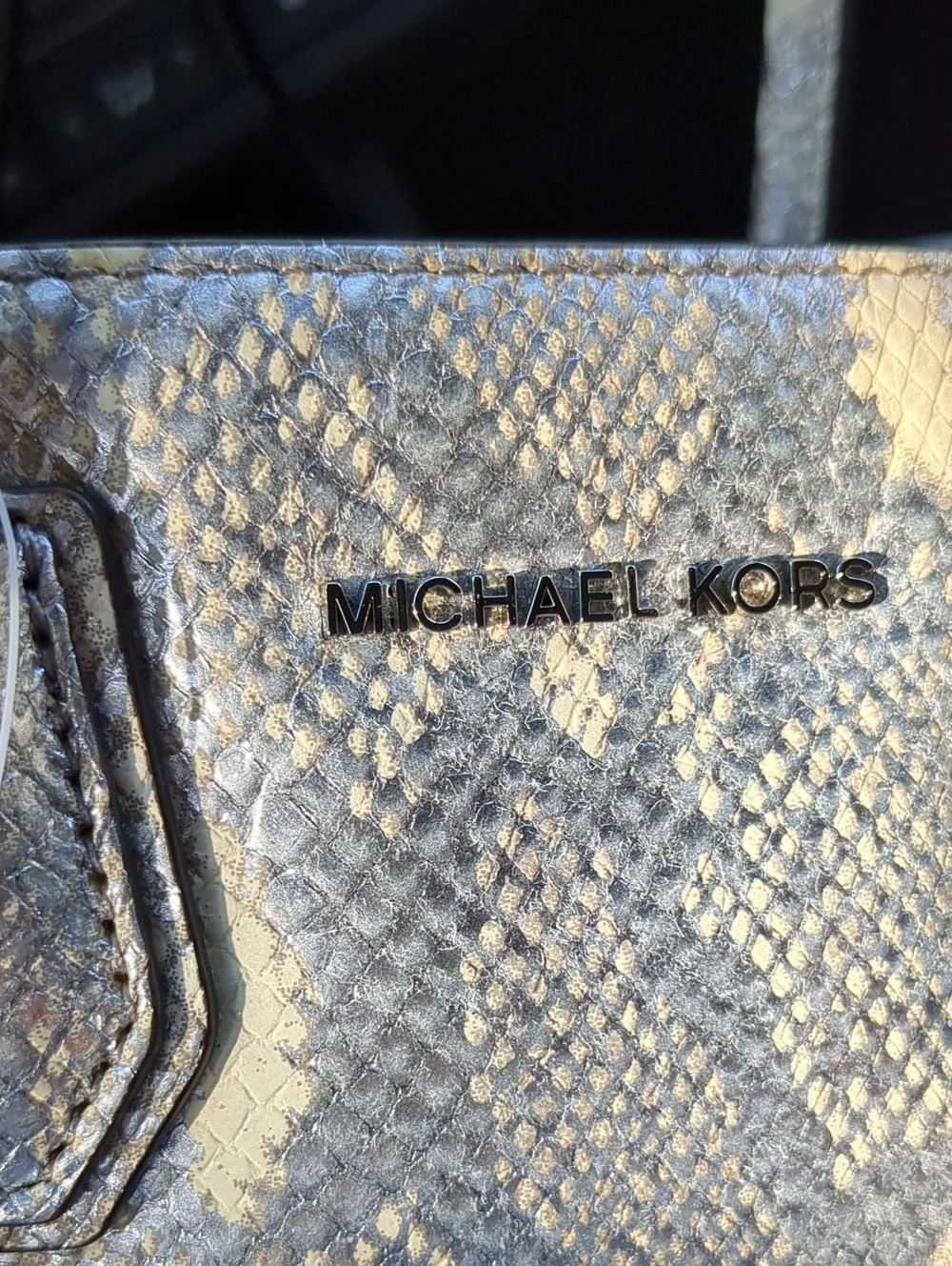 NWOT! Flawed Michael Kors Cream and Silver Snake-Print Genuine Leather Tote